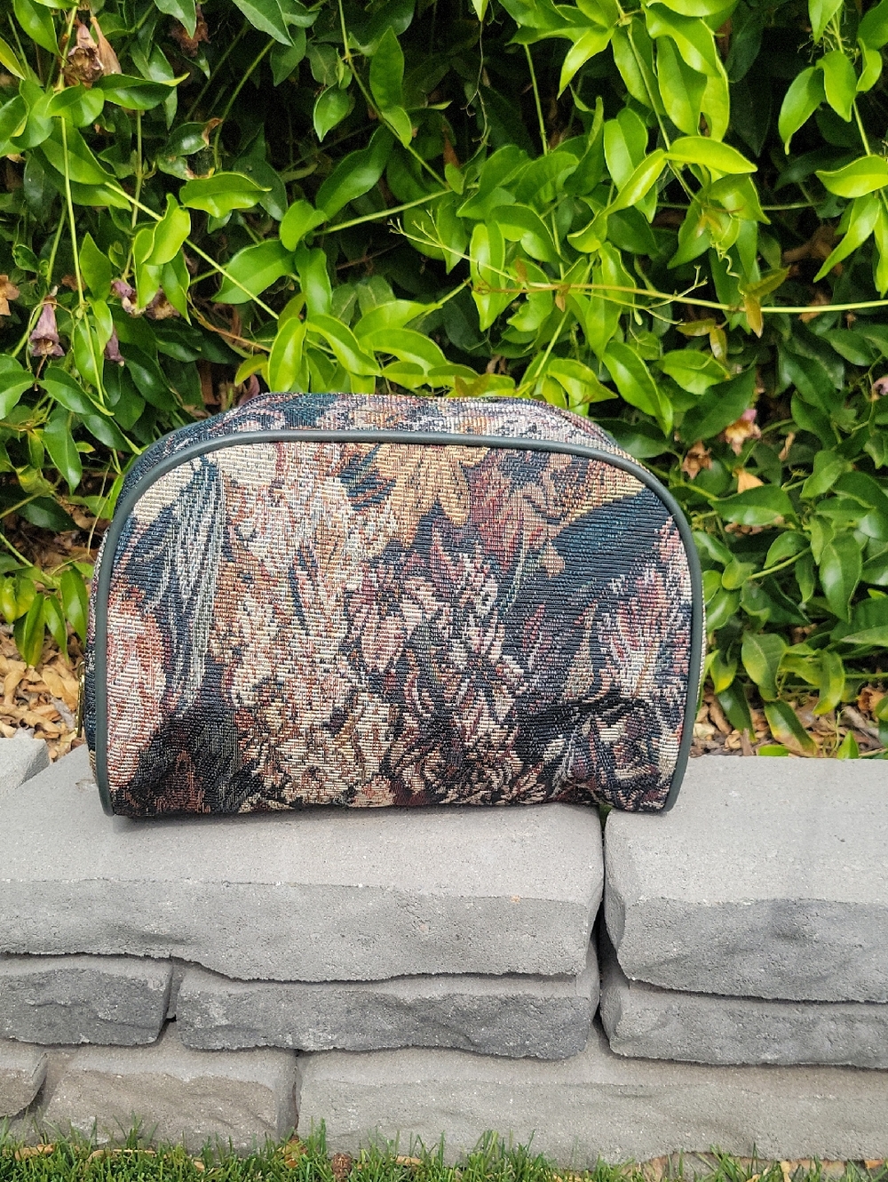 Jaguar Vintage Green Floral Tapestry Cosmetic Bag